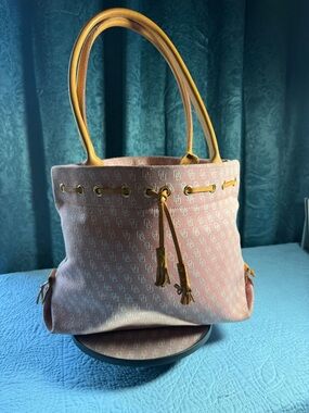 Dooney & Bourke Tulip Tassel Monogram Canvas Tote with Tan Leather Trim 14x11
